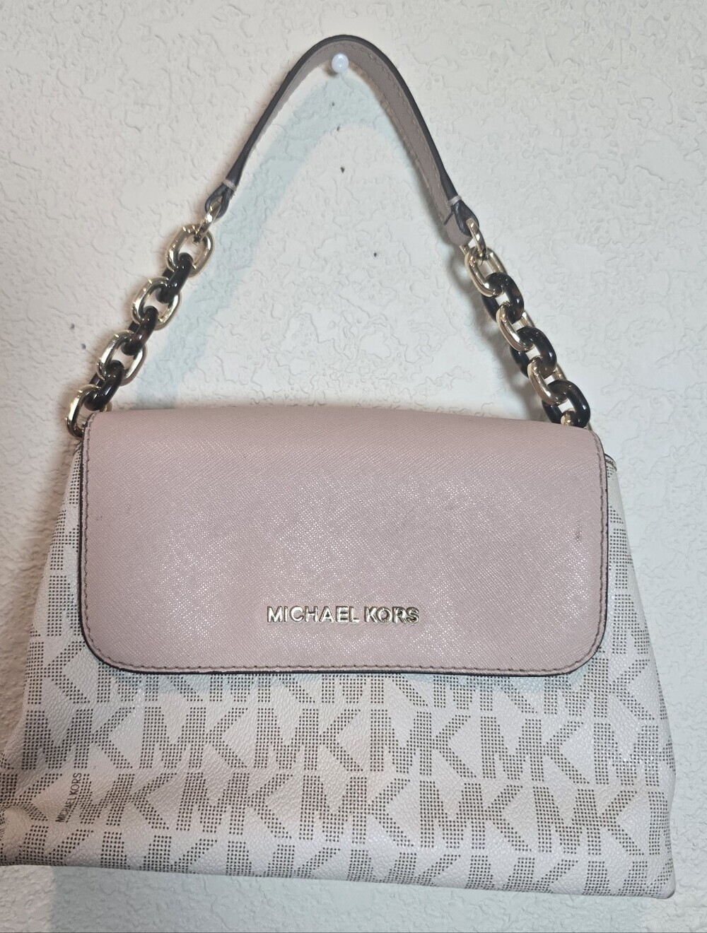 Michael Kors Pale Pink Logo-Print Shoulder Bag with Gold Accents
